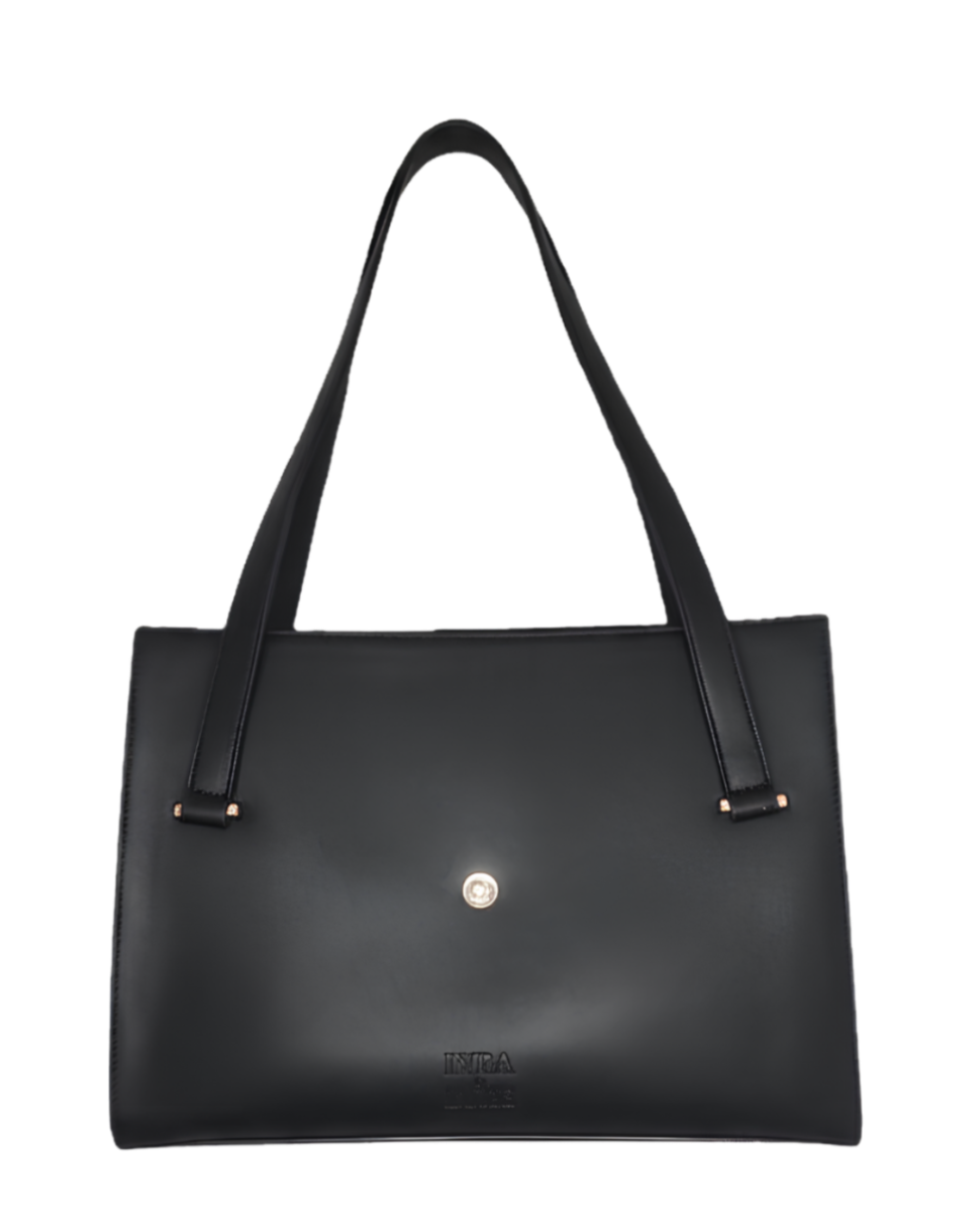 Black handbag with a visible brand logo on a white background