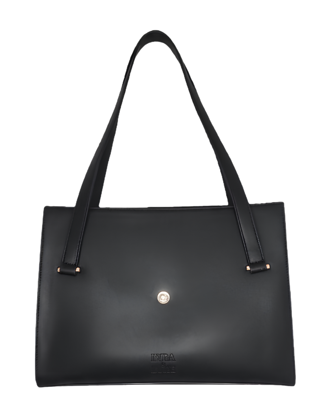 Black handbag with a visible brand logo on a white background