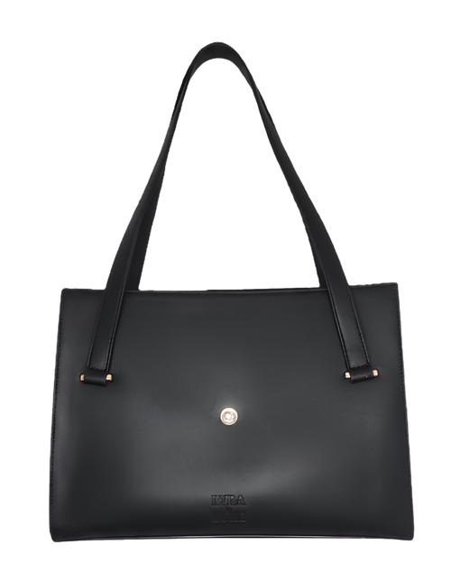 Black handbag with a visible brand logo on a white background