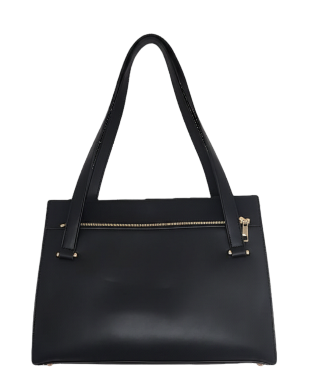 Black handbag with gold zipper on a white background