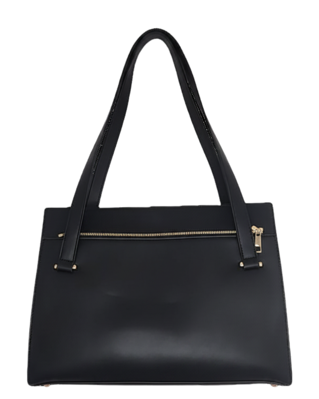 Black handbag with gold zipper on a white background