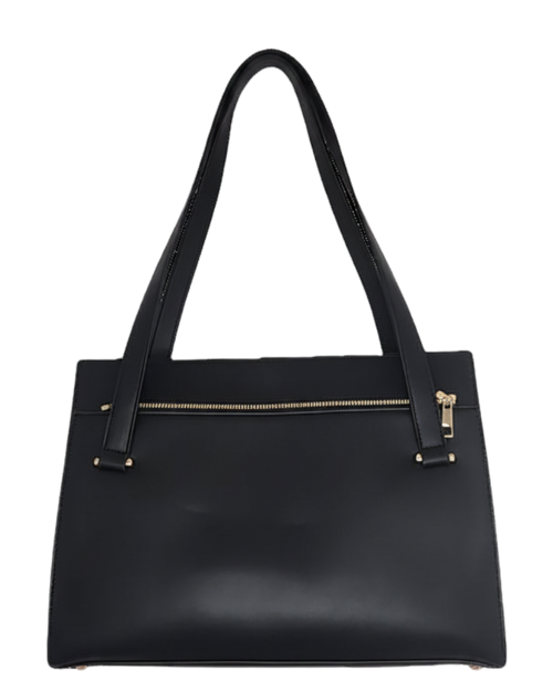 Black handbag with gold zipper on a white background