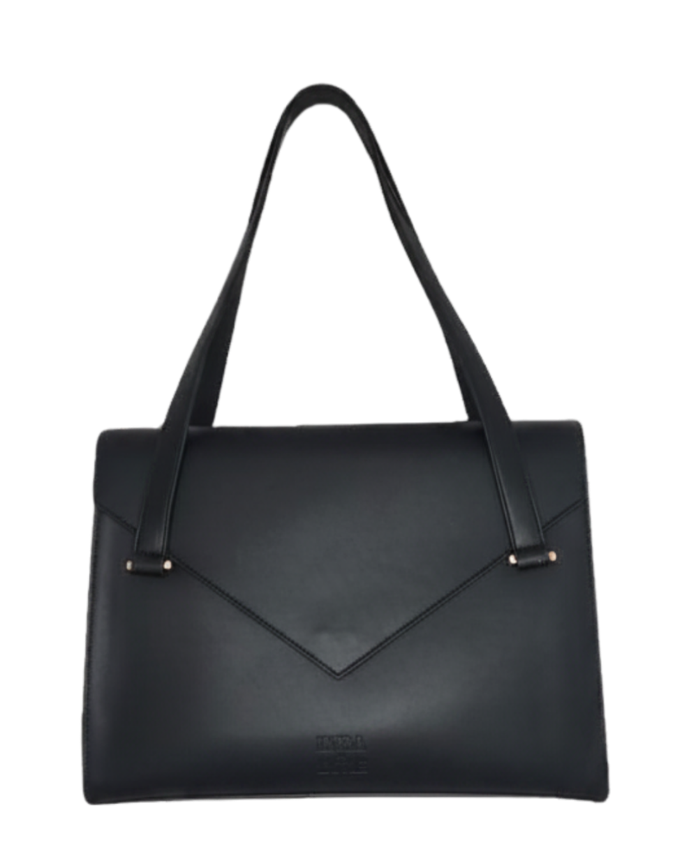 Black handbag with a strap on a white background