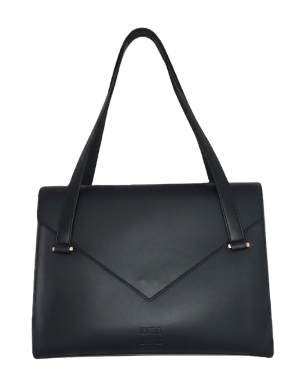 Black handbag with a strap on a white background