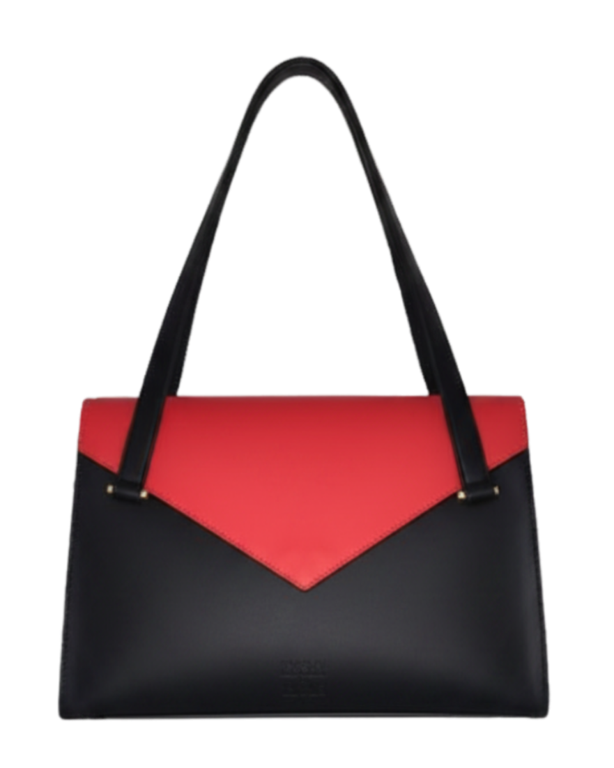 Black and red handbag on a white background