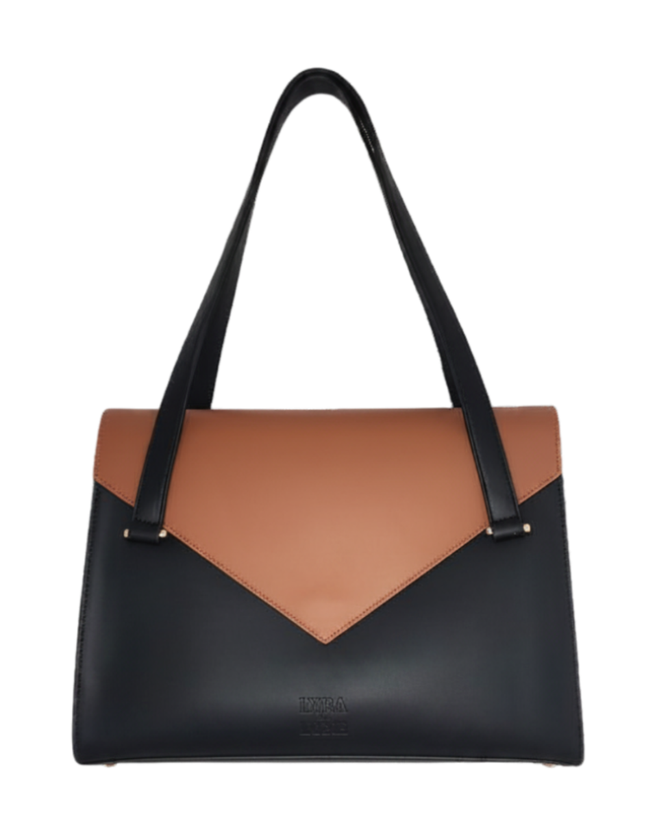 Black and brown handbag on a white background