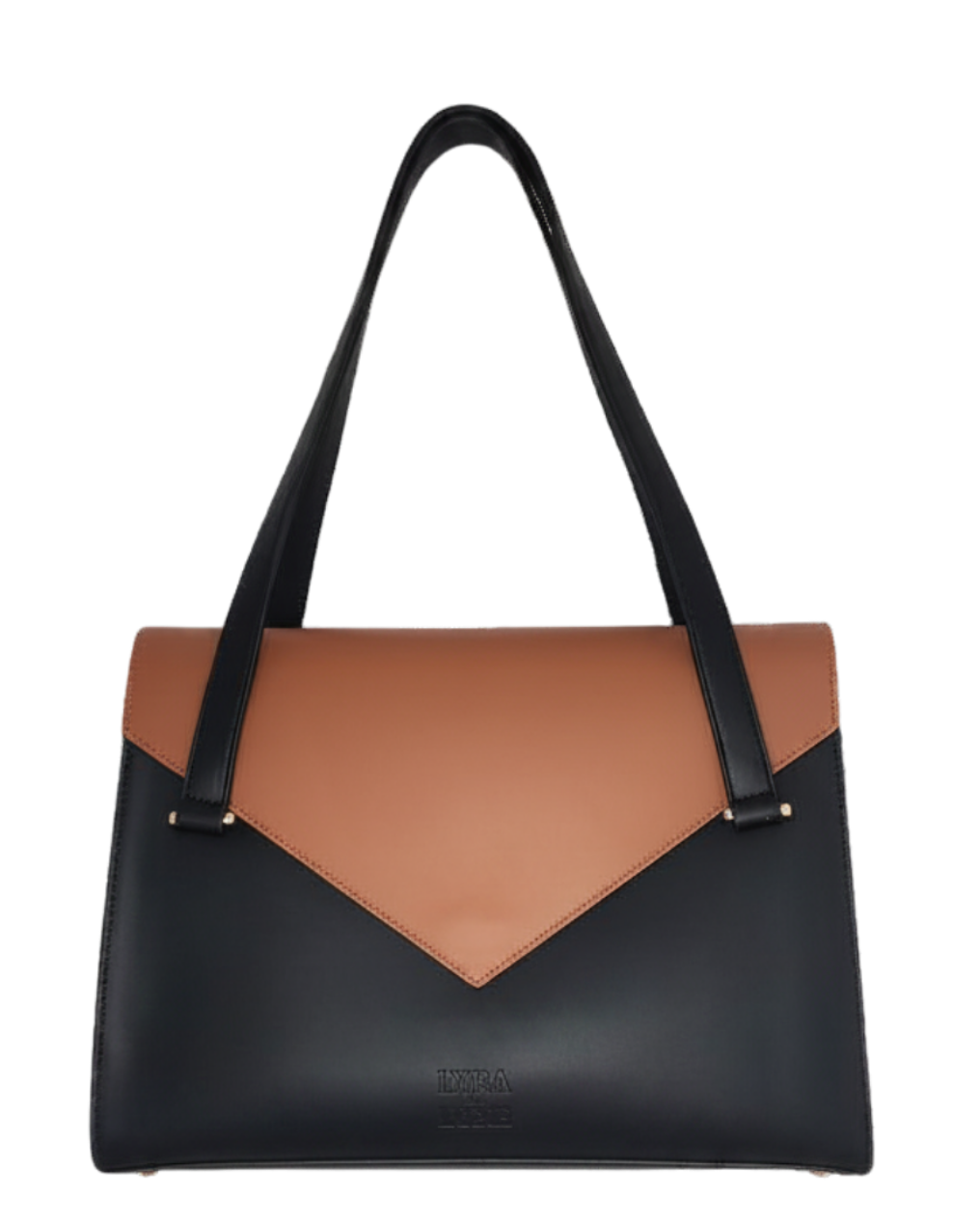 Black and brown handbag on a white background