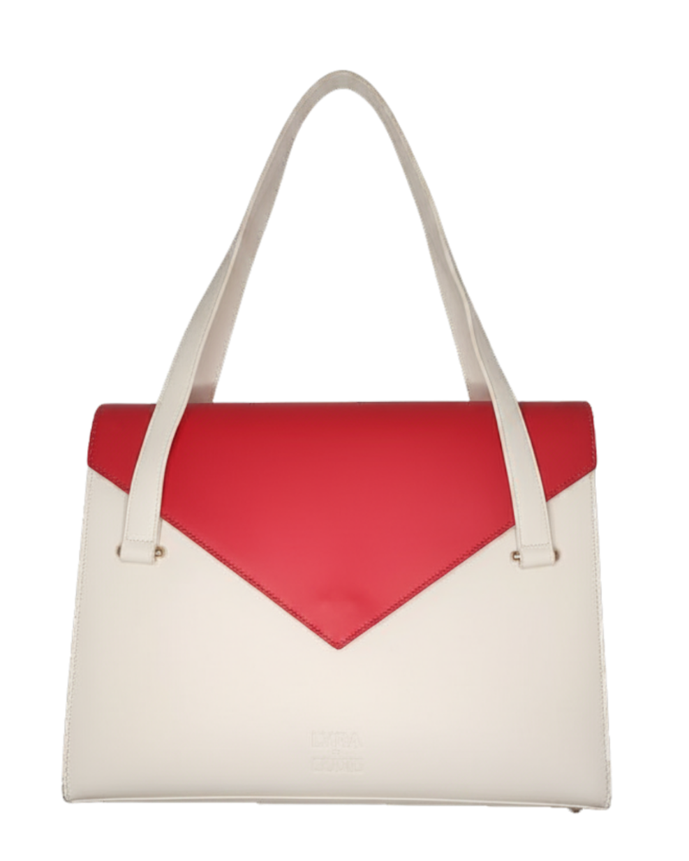 Handbag with red top section and white bottom section on a white background