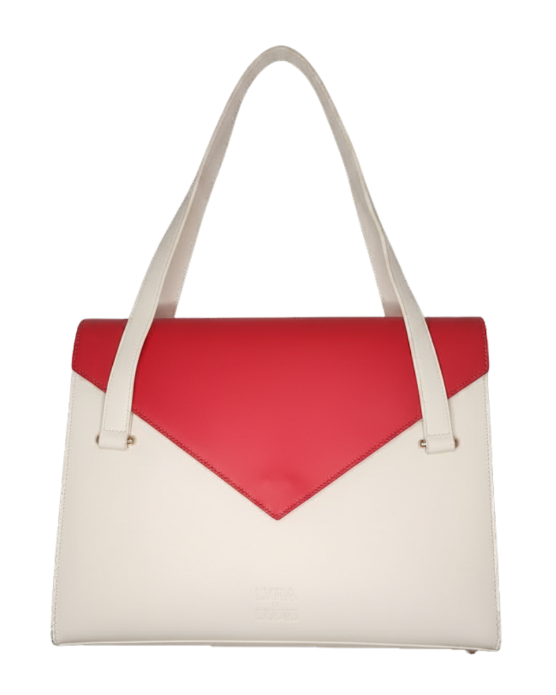 Handbag with red top section and white bottom section on a white background