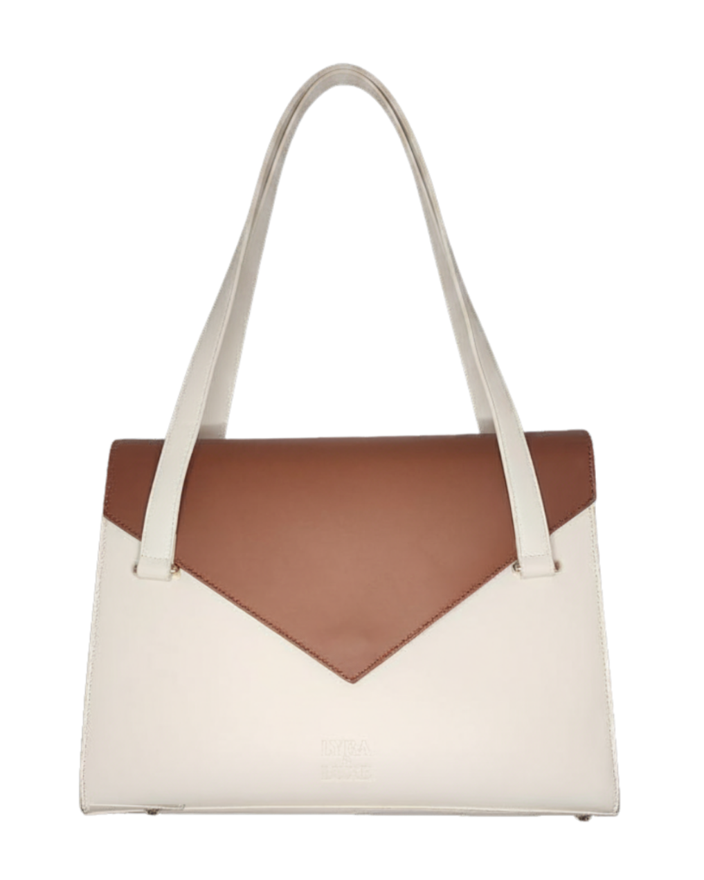 Two-tone handbag with brown and white colors on a white background