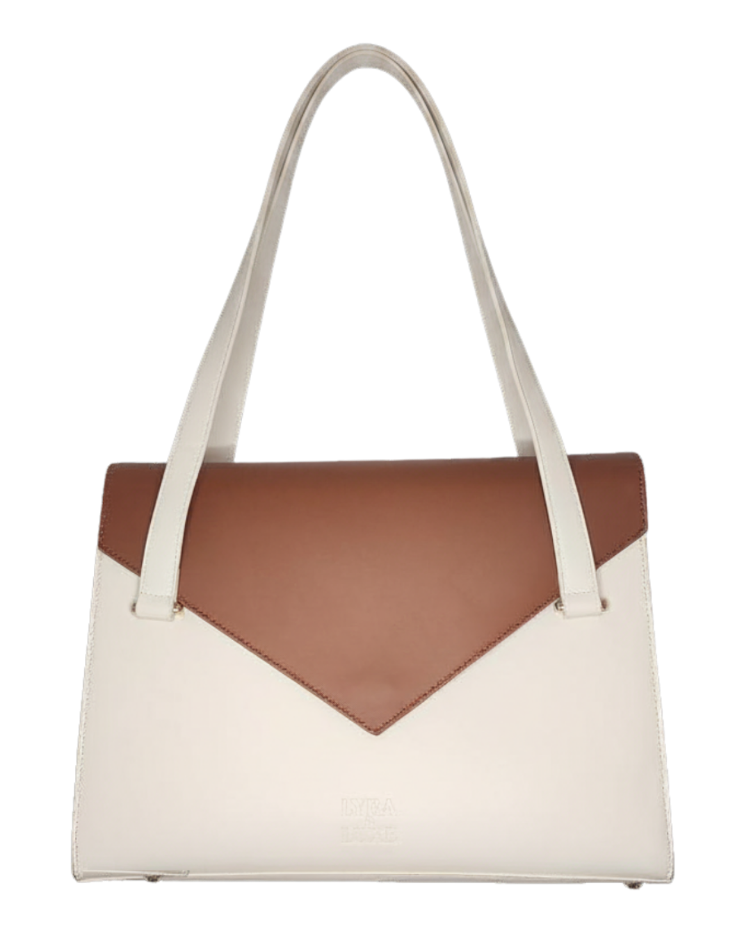 Two-tone handbag with brown and white colors on a white background