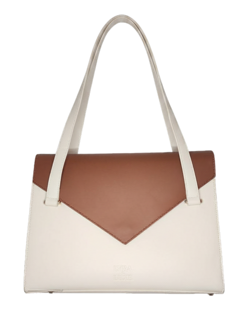 Two-tone handbag with brown and white colors on a white background