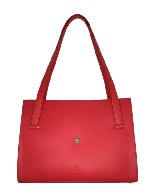 Red handbag with a visible brand logo on a white background
