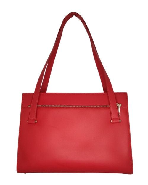 Red handbag with gold zipper on a white background