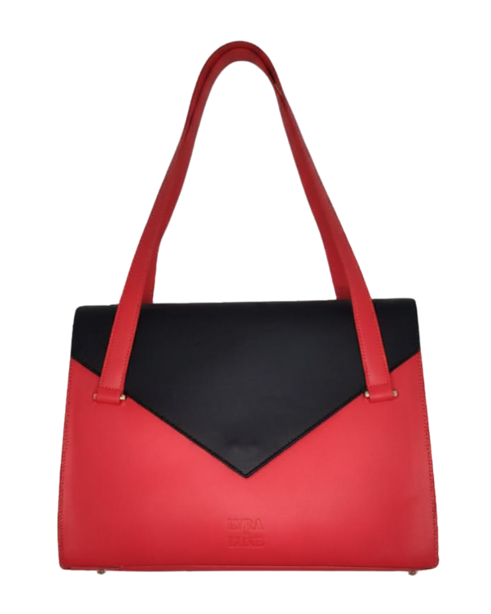 Red and black handbag on a white background
