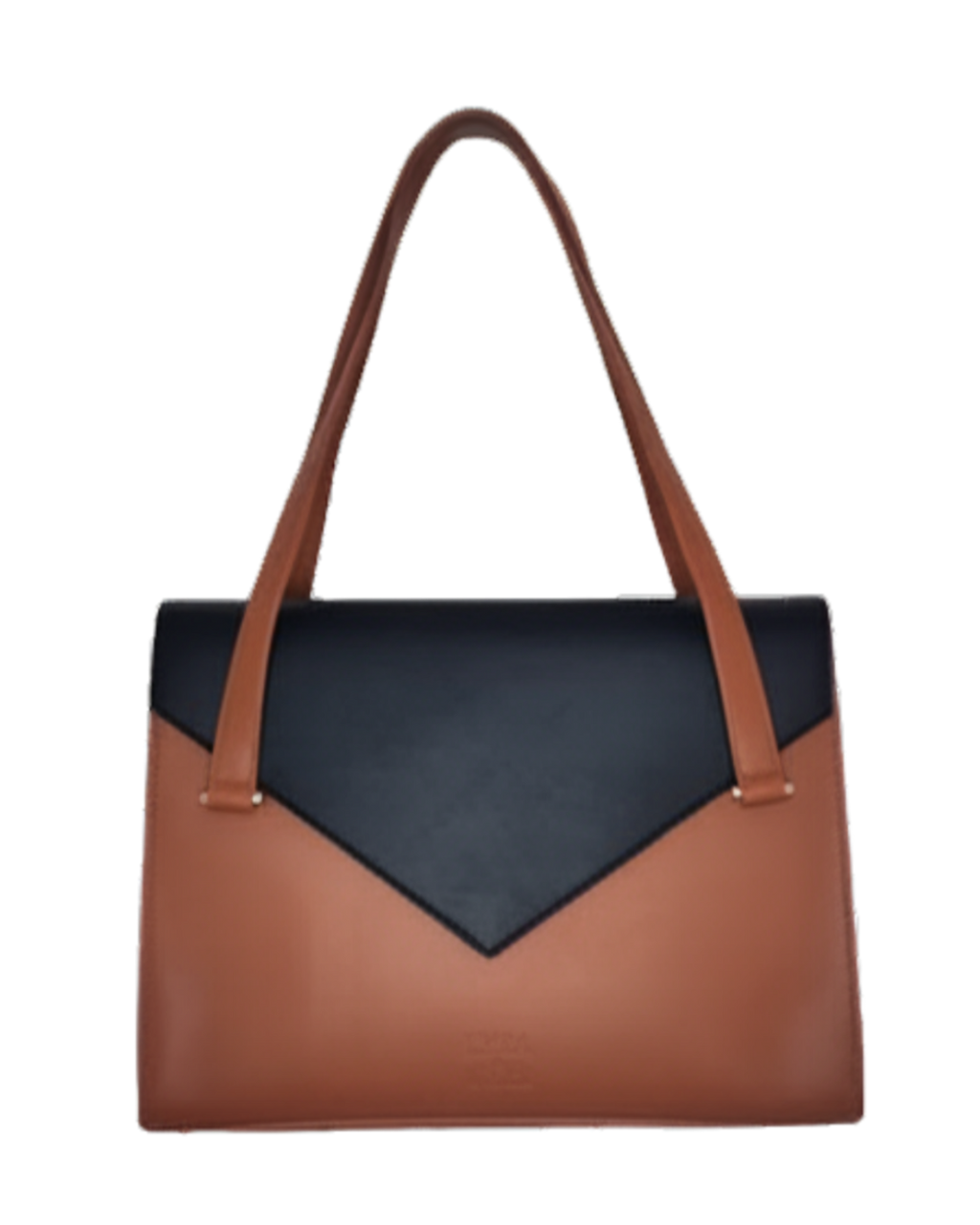 Brown and black handbag on a white background