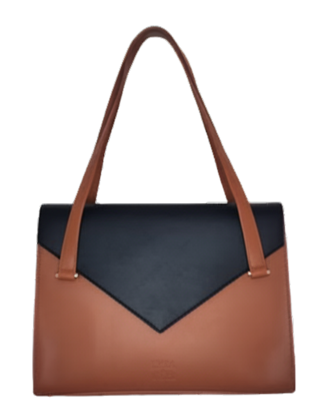 Brown and black handbag on a white background