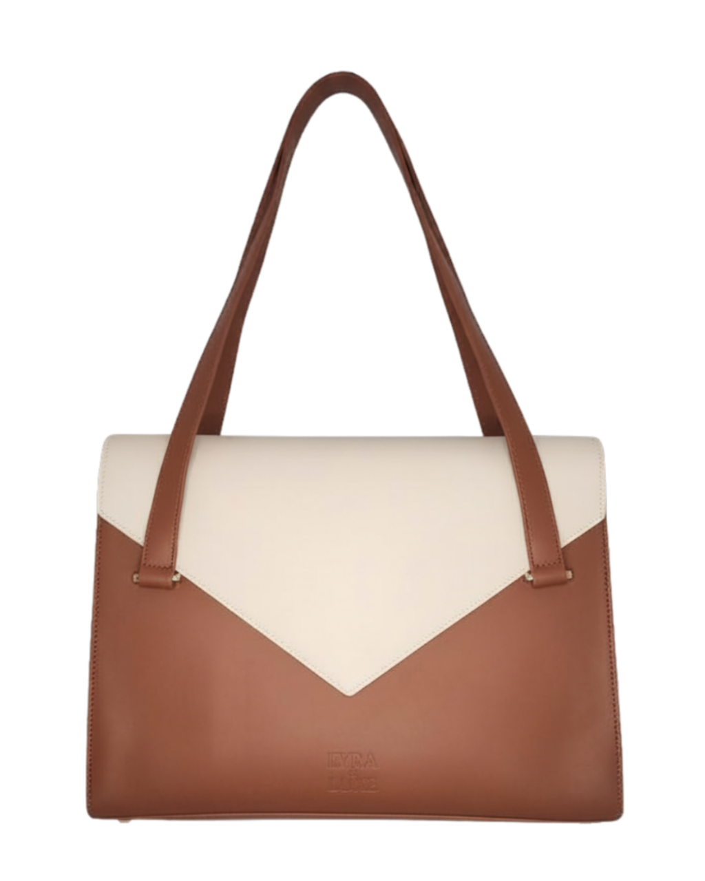 Brown and white handbag on a white background