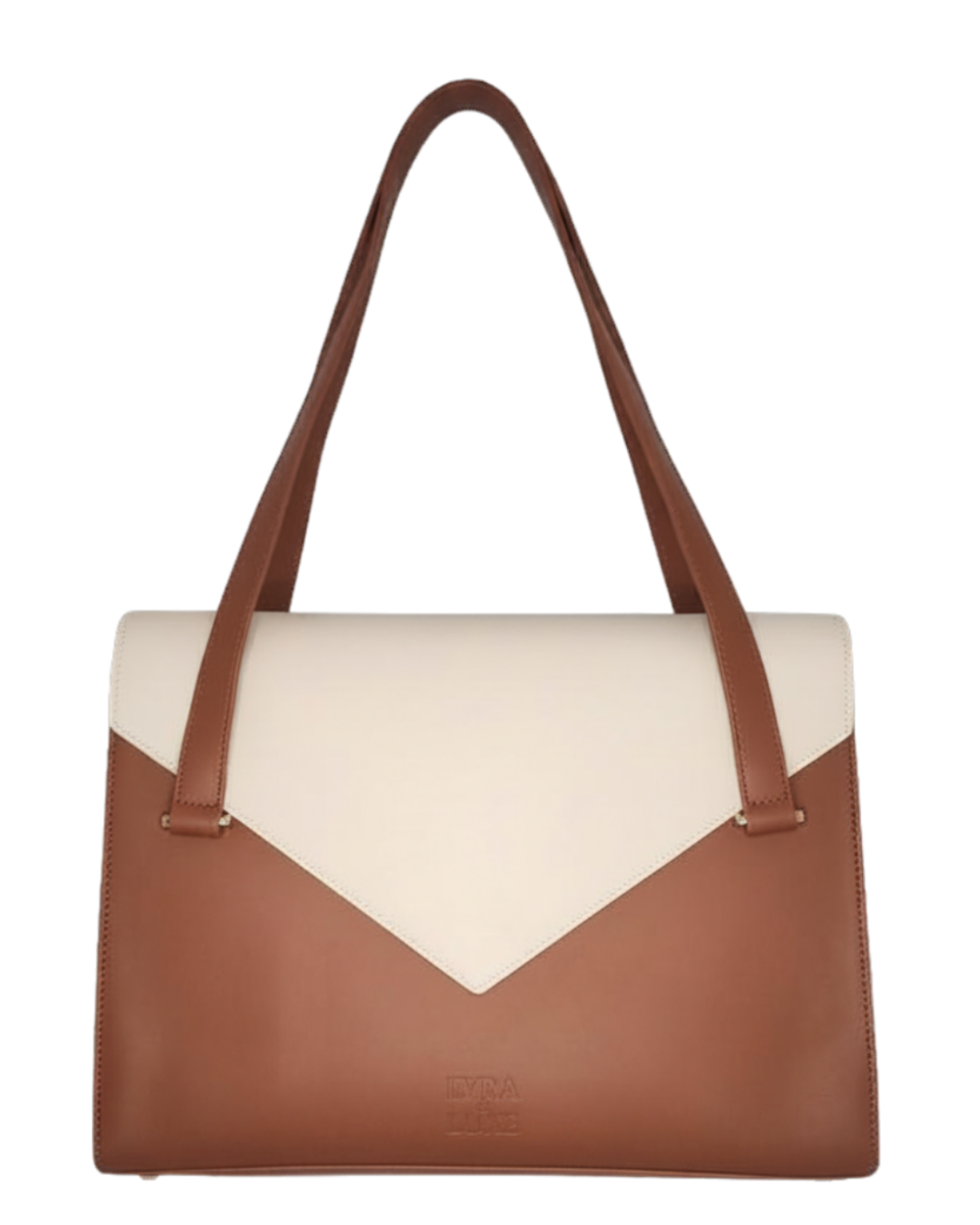 Brown and white handbag on a white background