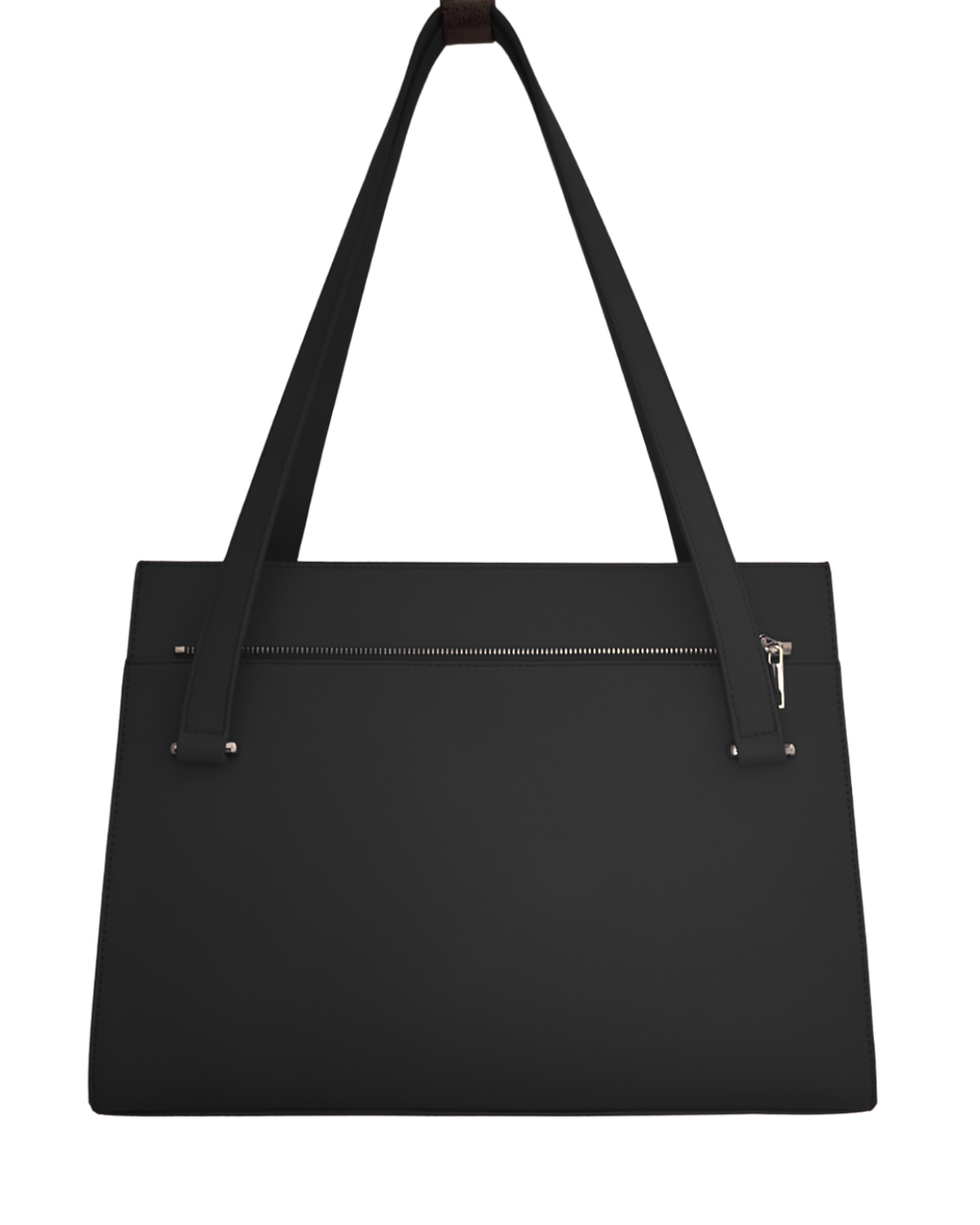 Black tote bag with a shoulder strap on a white background