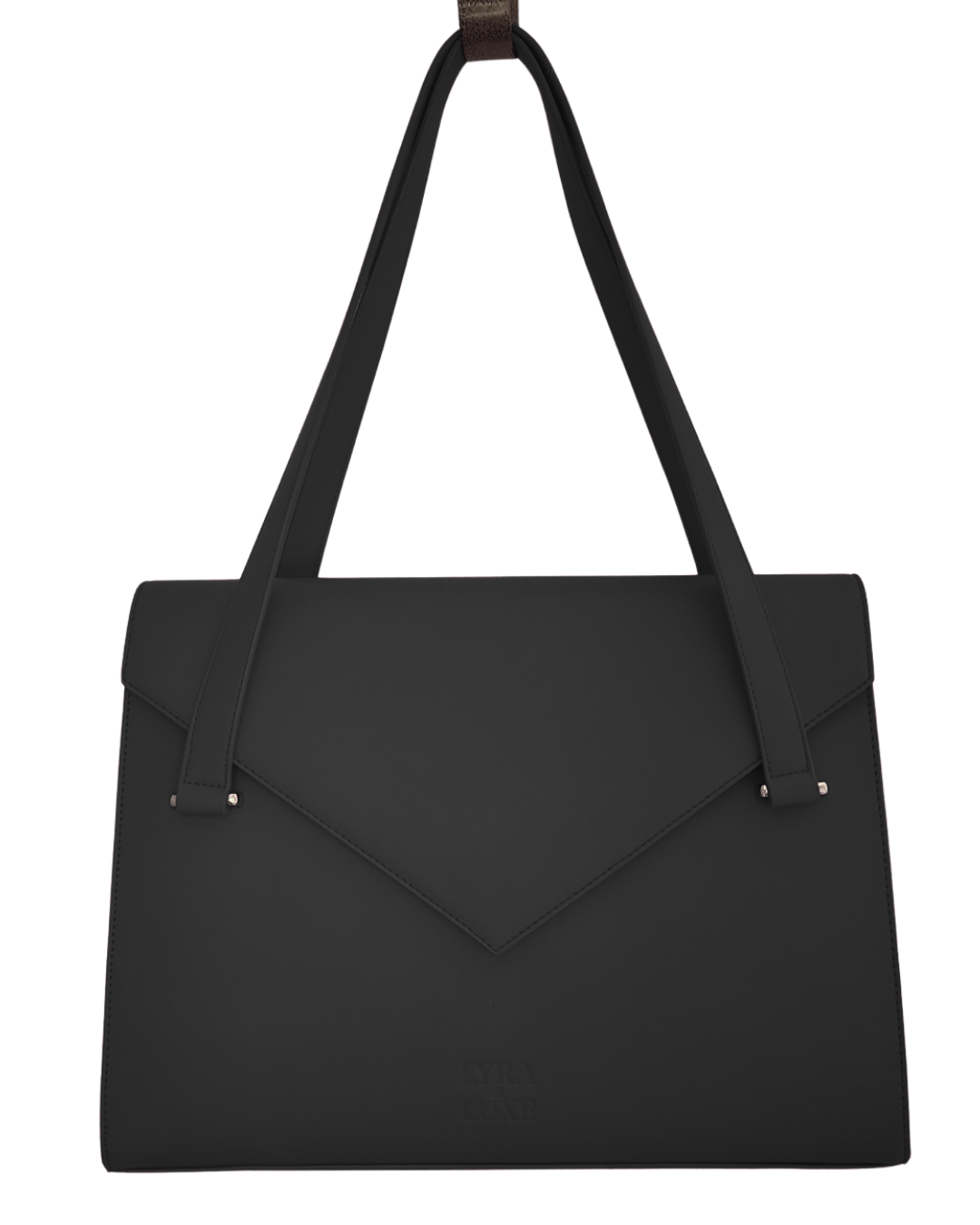 Black tote bag with a shoulder strap on a white background