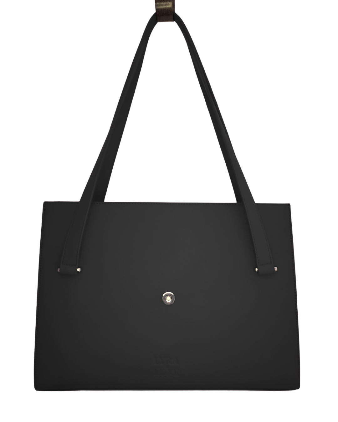 Black tote bag with a strap on a white background