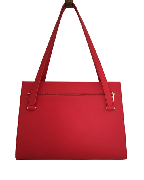 Red handbag with gold zipper on a white background