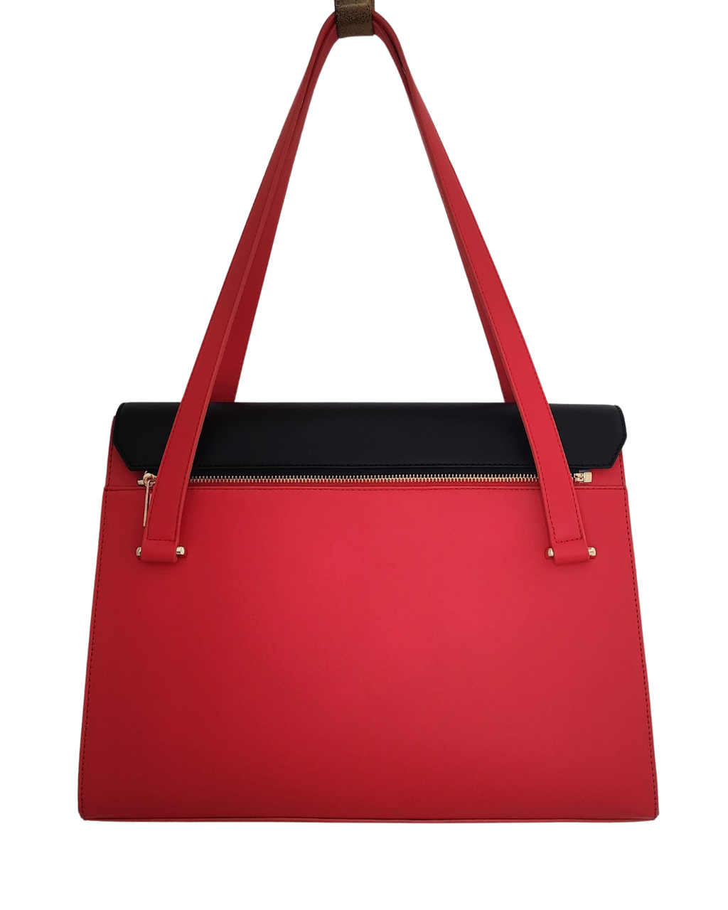 Red handbag with a black top section on a white background