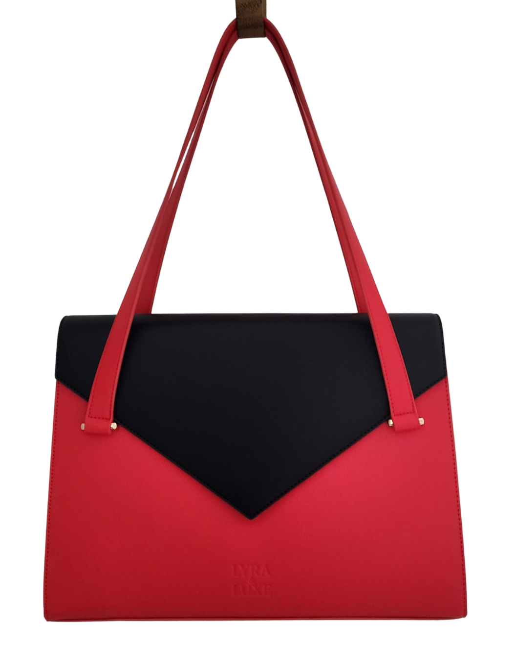 Red and black handbag with a visible brand logo on a white background
