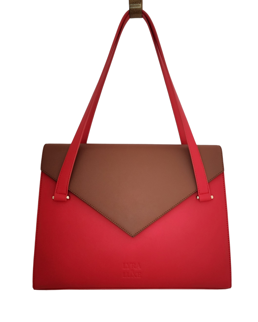 Red handbag with brown flap on a white background