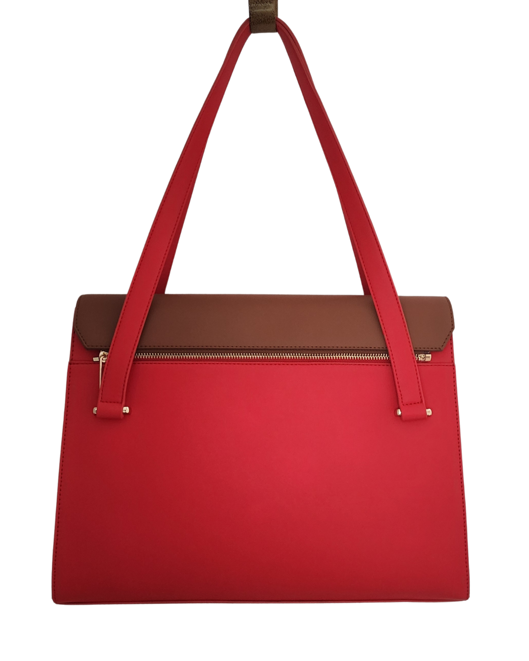 Red handbag with a brown flap on a white background