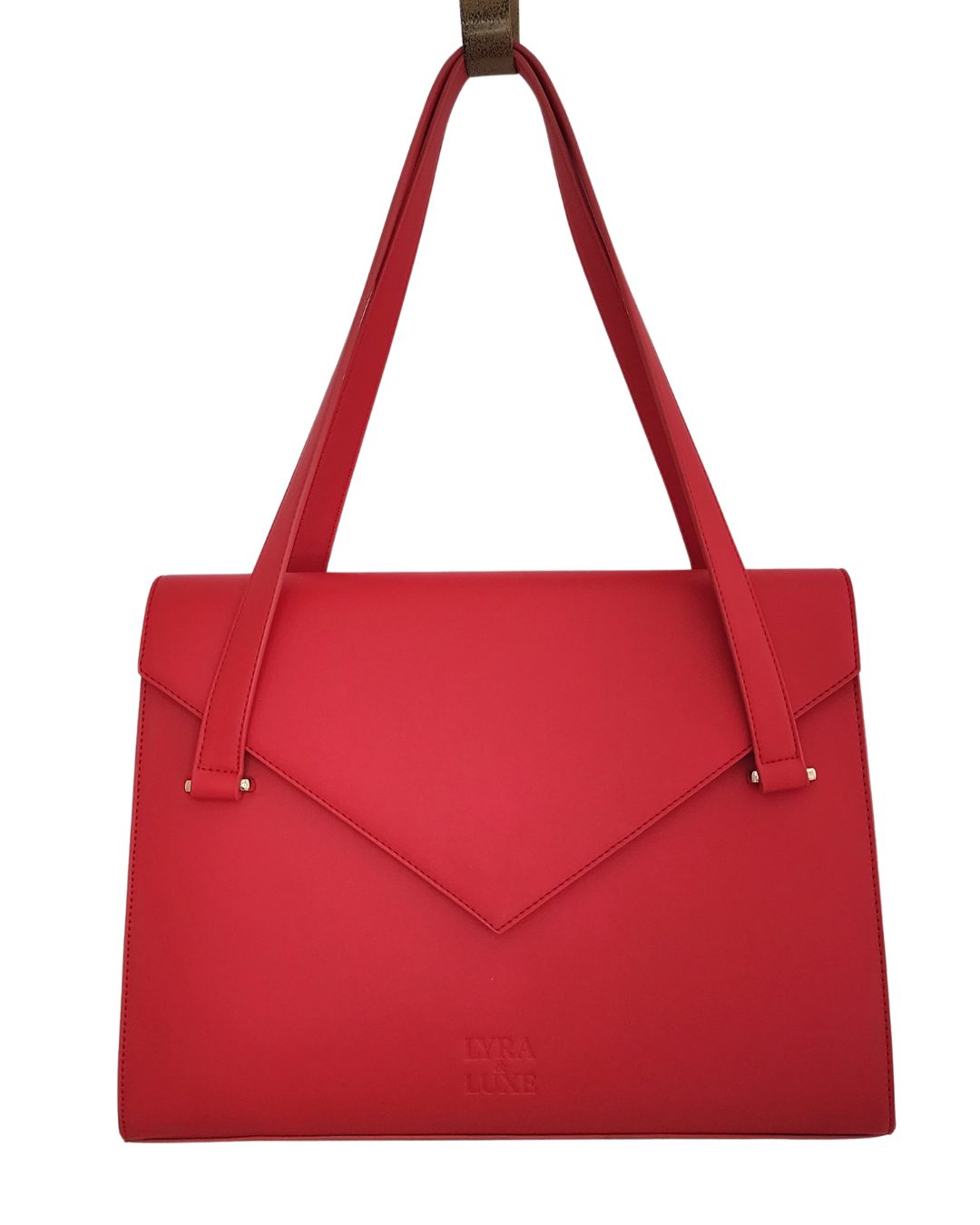 Red handbag with a visible brand logo on a white background