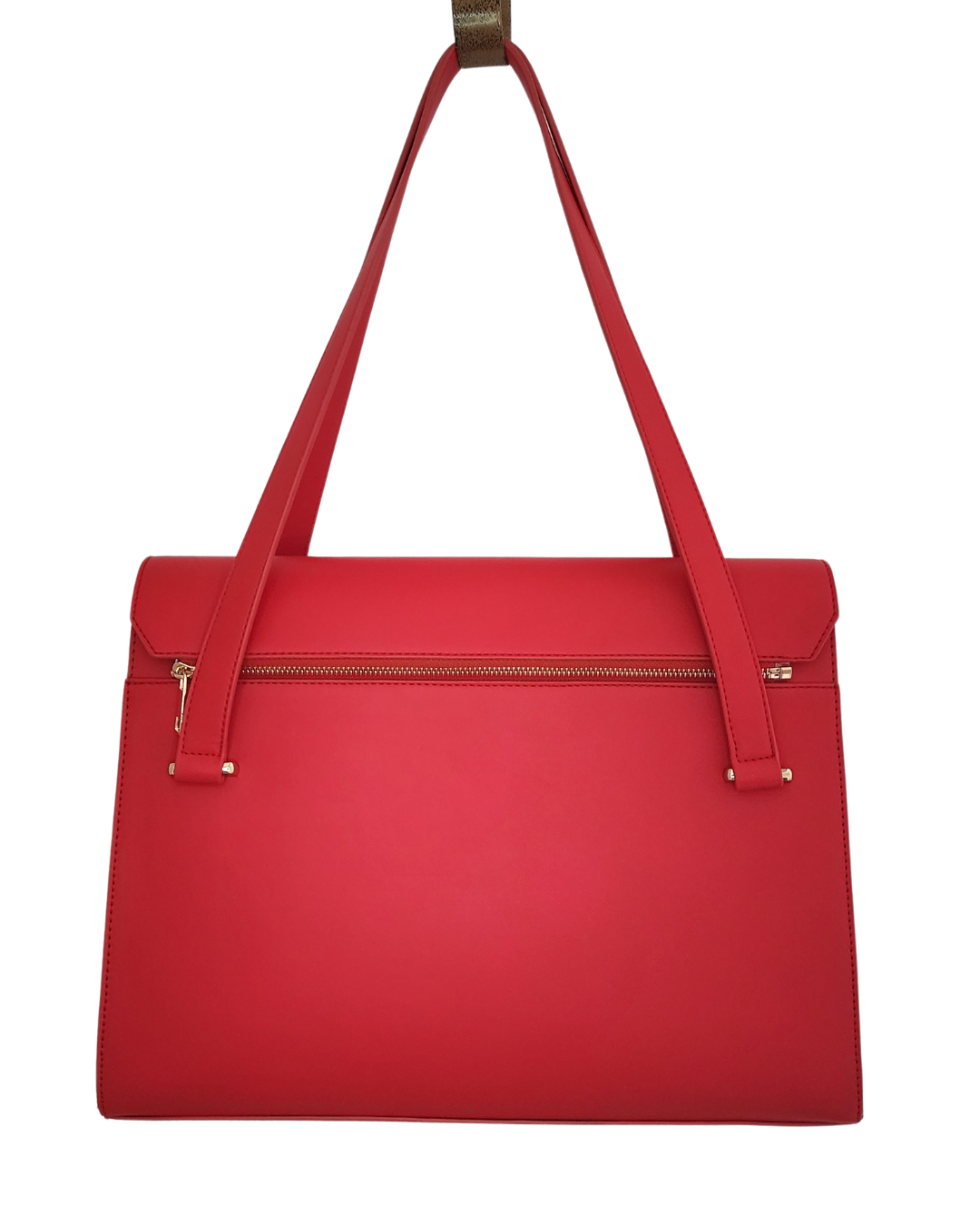 Red handbag with gold zipper on a white background