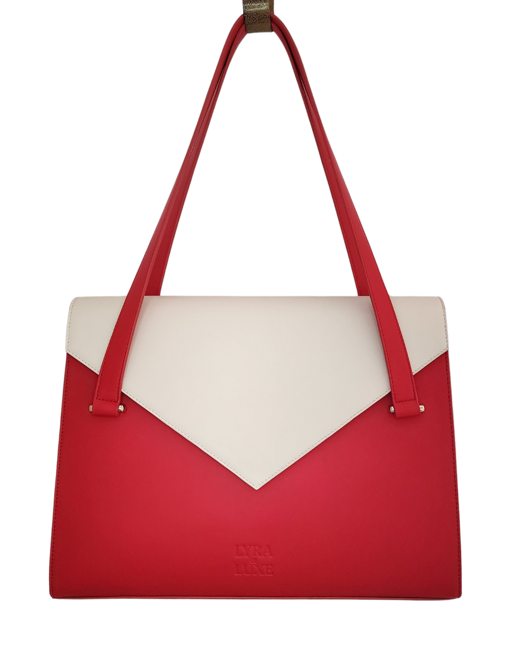 Red and white handbag with a visible brand logo on a white background