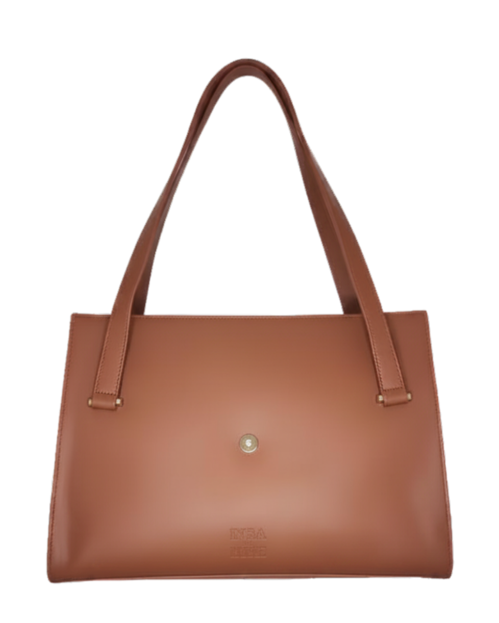 Brown handbag with a visible brand logo on a white background
