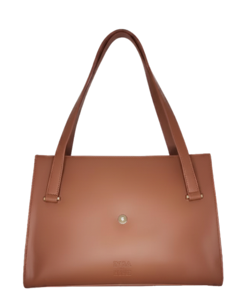Brown handbag with a visible brand logo on a white background