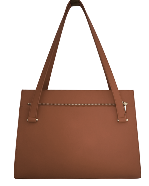 Brown tote bag with a zipper on a white background
