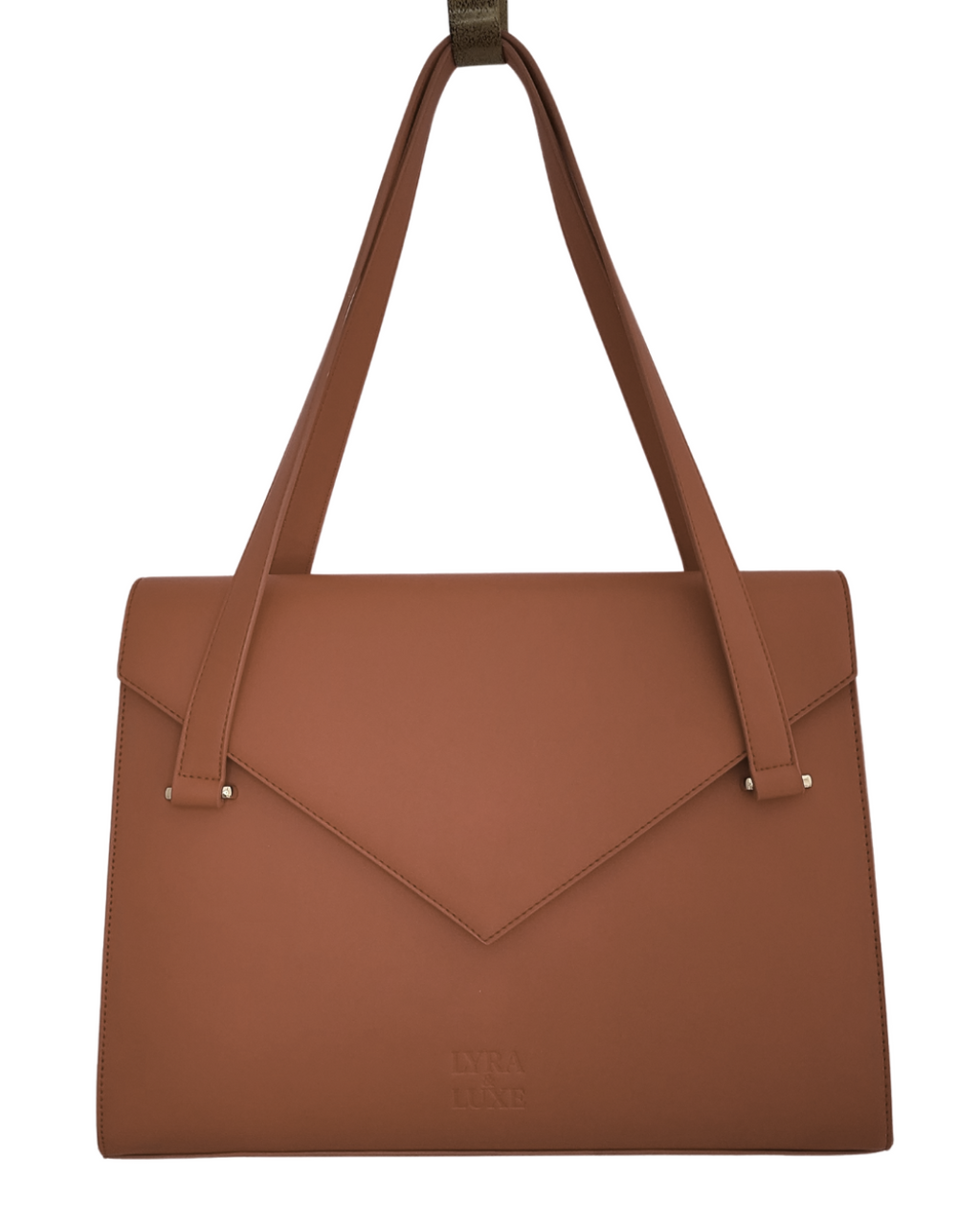 Brown leather handbag with a strap on a white background