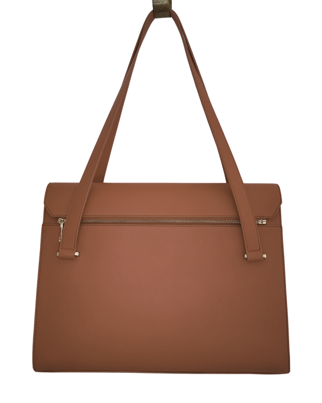 Brown handbag with a shoulder strap on a white background
