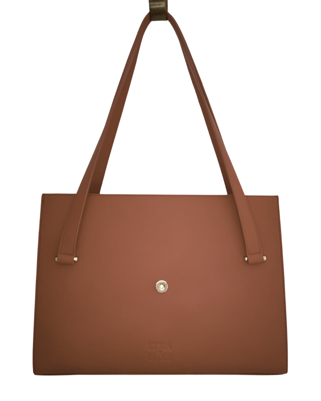 Brown tote bag with a visible brand logo on a white background