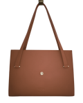 Brown tote bag with a visible brand logo on a white background