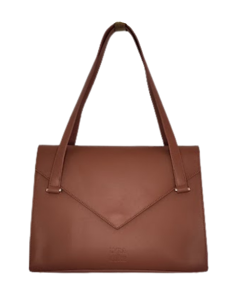 Brown leather handbag on a white background