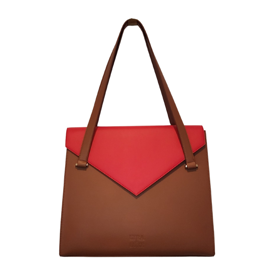 Brown and red handbag on a white background