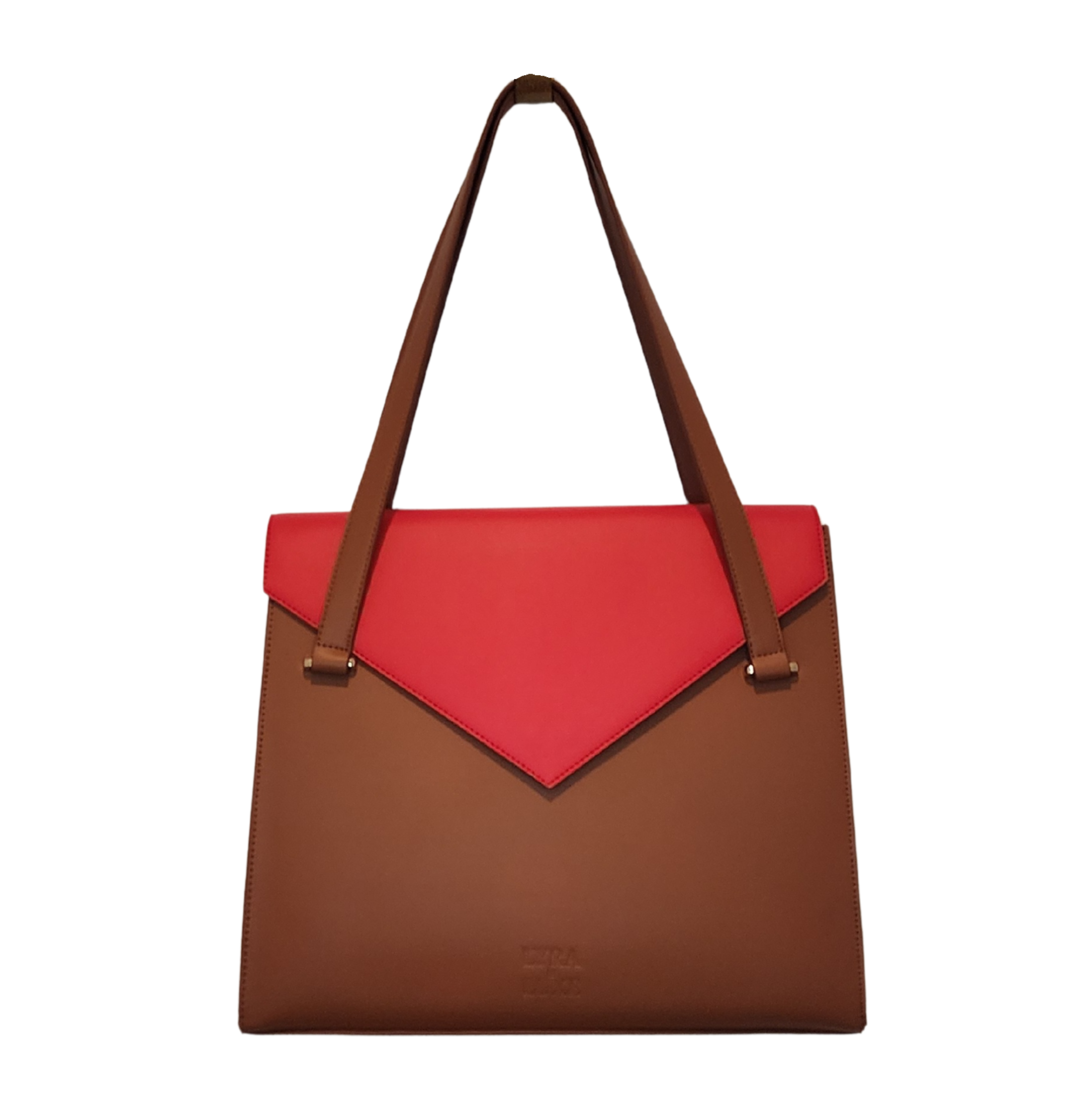 Brown and red handbag on a white background