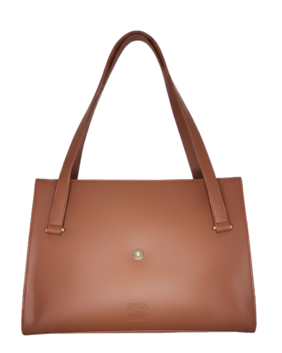 Brown handbag with a visible brand logo on a white background