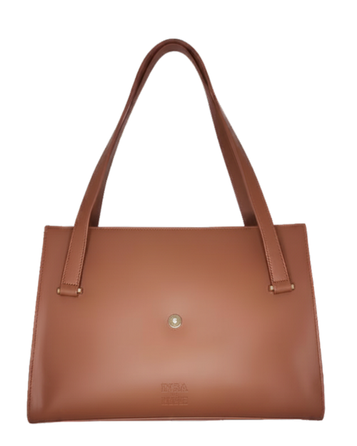 Brown handbag with a visible brand logo on a white background