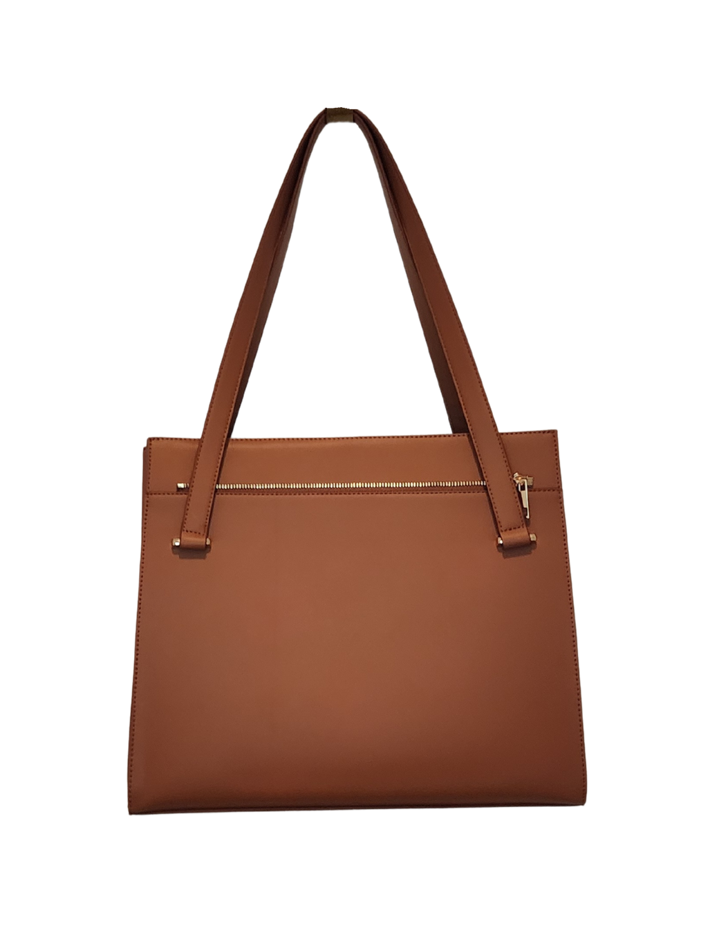 brown handbag with zipper, over the shoulder straps and detachable flap 