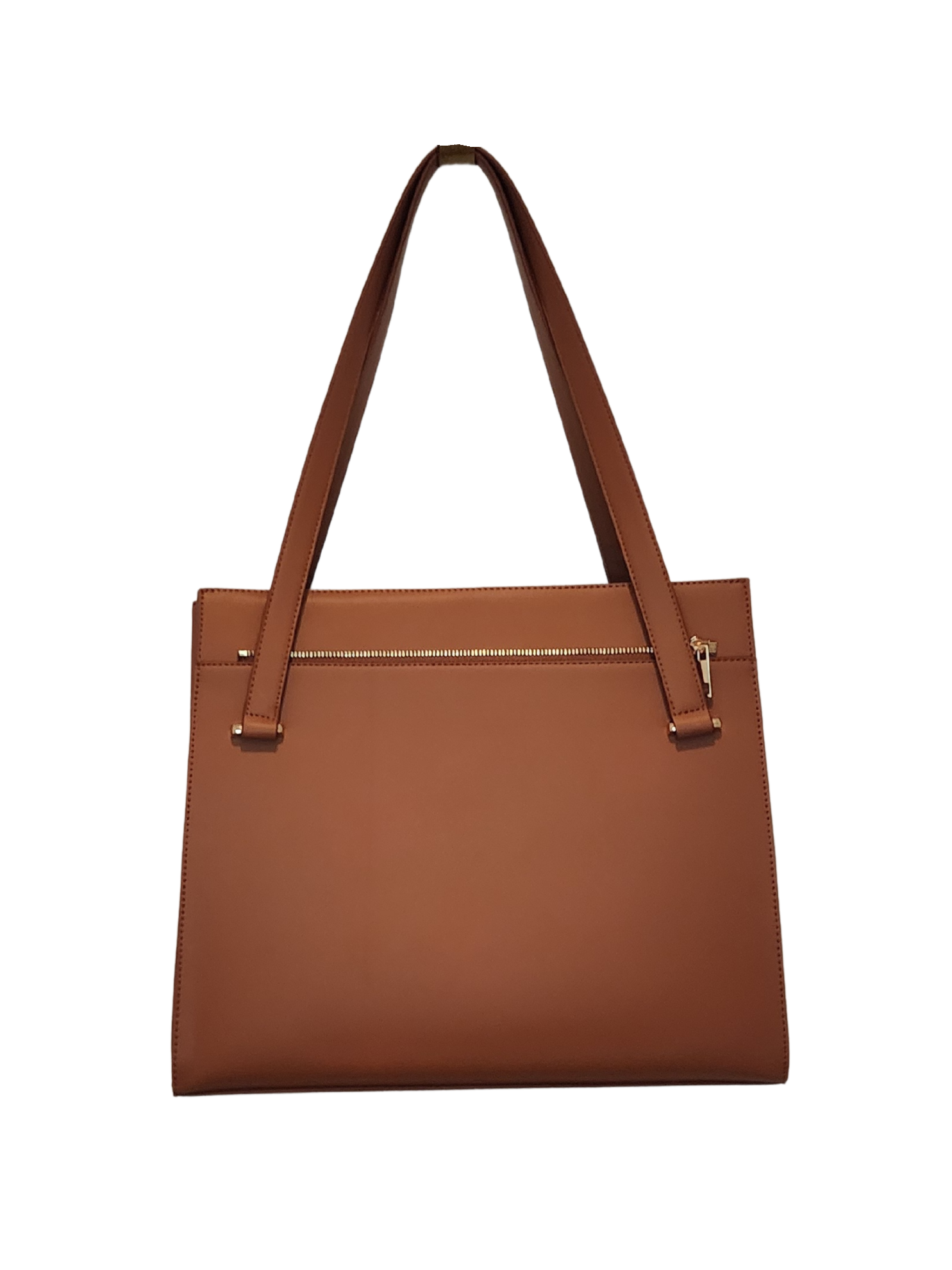 brown handbag with zipper, over the shoulder straps and detachable flap 